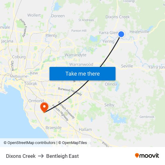 Dixons Creek to Bentleigh East map