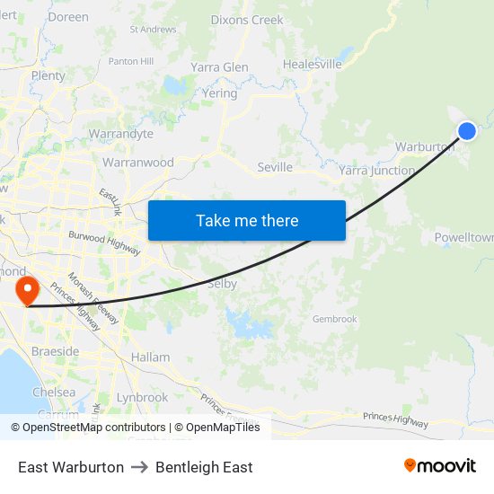 East Warburton to Bentleigh East map