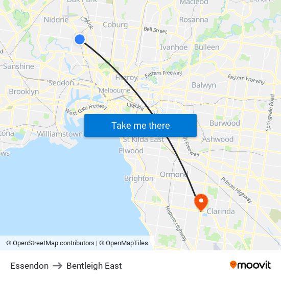 Essendon to Bentleigh East map