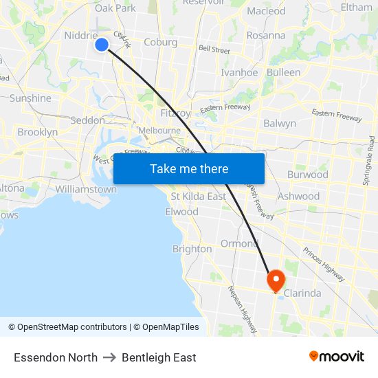 Essendon North to Bentleigh East map