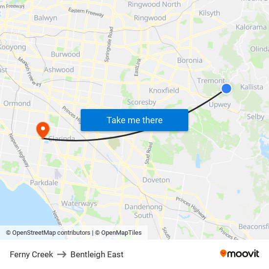 Ferny Creek to Bentleigh East map