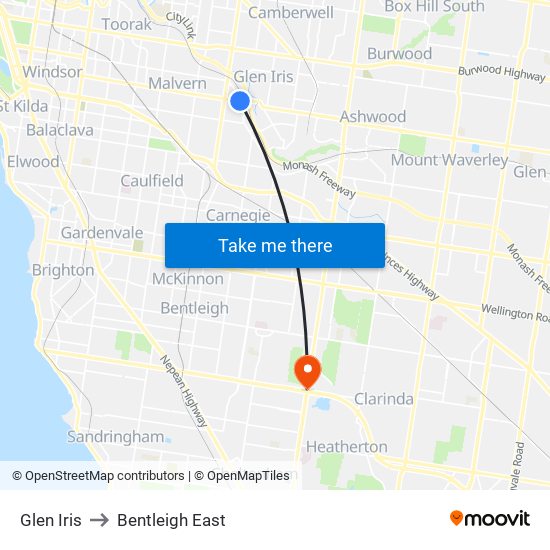 Glen Iris to Bentleigh East map