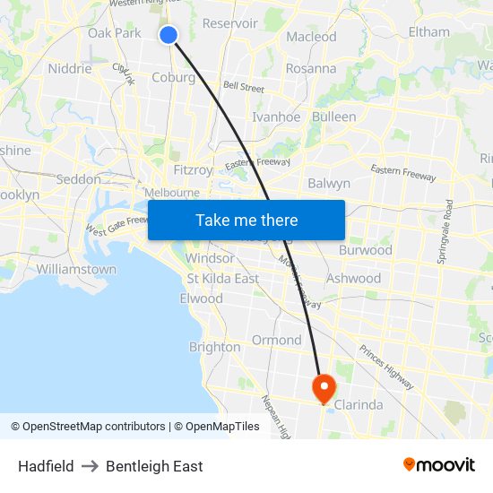 Hadfield to Bentleigh East map