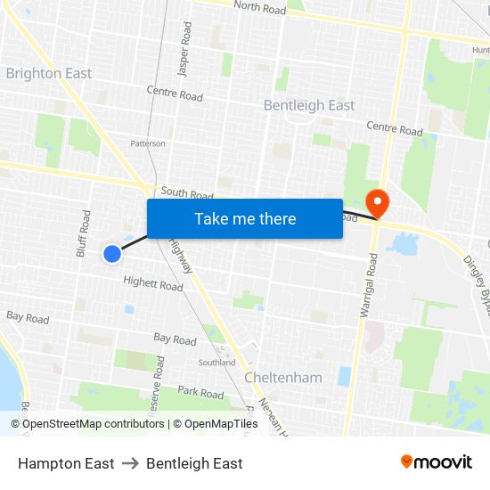 Hampton East to Bentleigh East map