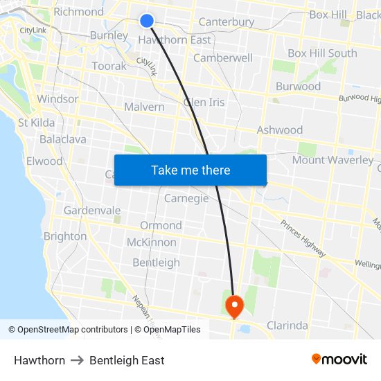 Hawthorn to Bentleigh East map