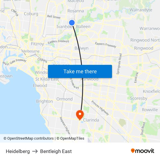 Heidelberg to Bentleigh East map