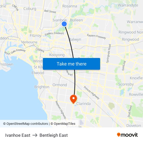 Ivanhoe East to Bentleigh East map