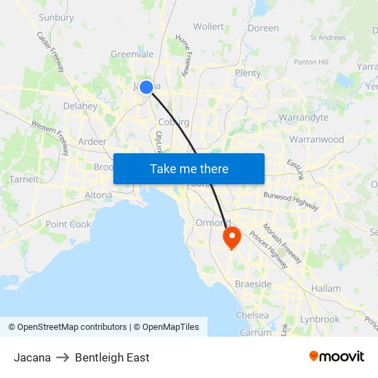 Jacana to Bentleigh East map