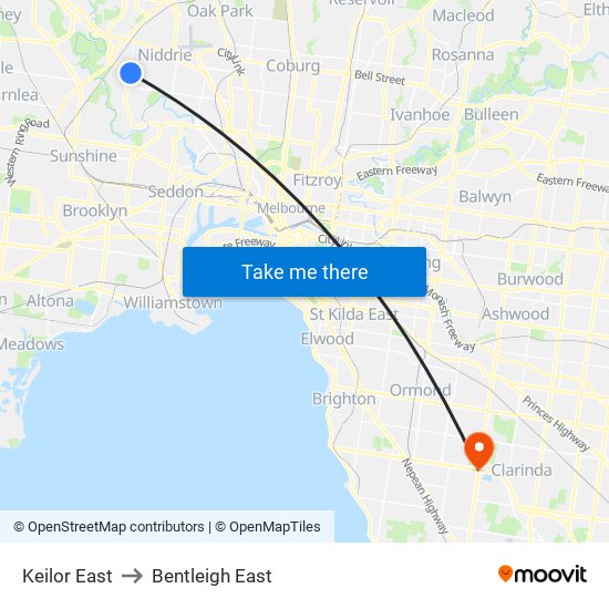 Keilor East to Bentleigh East map