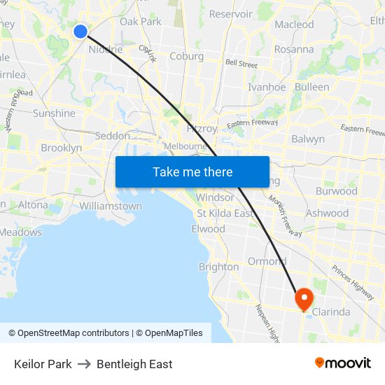 Keilor Park to Bentleigh East map