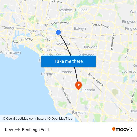 Kew to Bentleigh East map