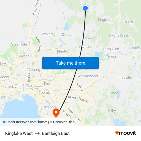 Kinglake West to Bentleigh East map