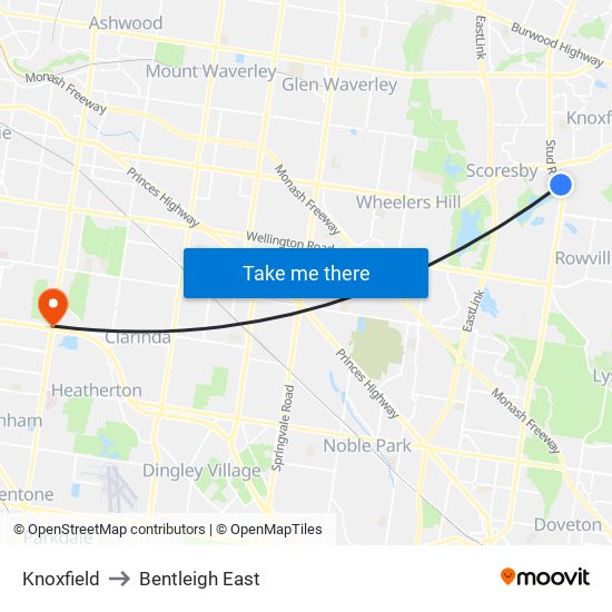 Knoxfield to Bentleigh East map