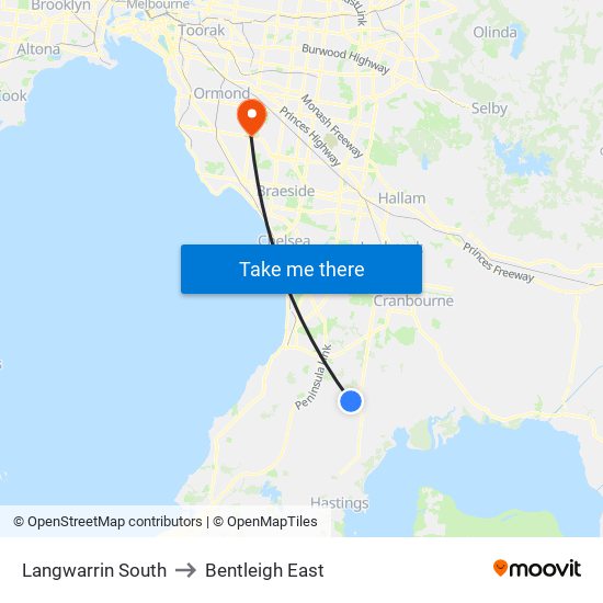 Langwarrin South to Bentleigh East map