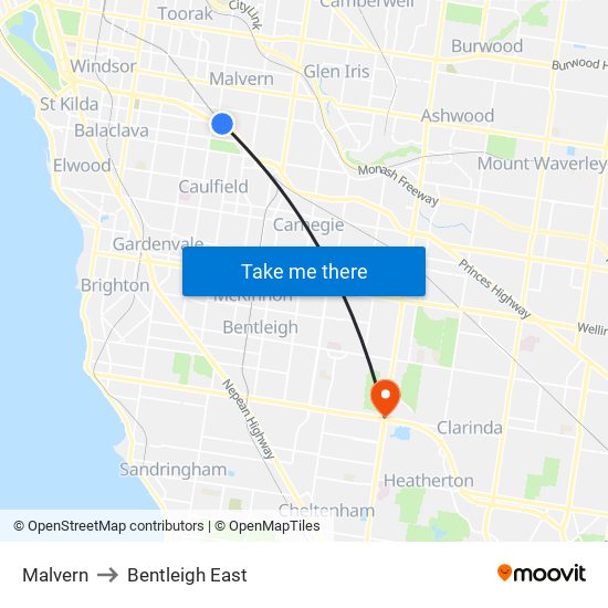 Malvern to Bentleigh East map