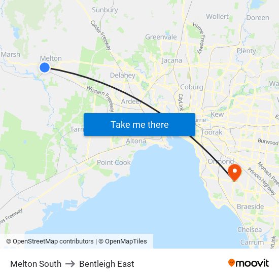 Melton South to Bentleigh East map