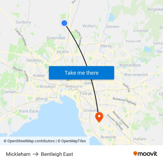 Mickleham to Bentleigh East map