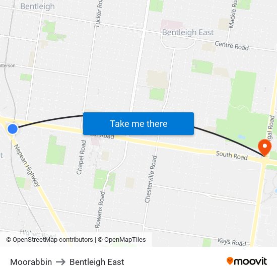 Moorabbin to Bentleigh East map