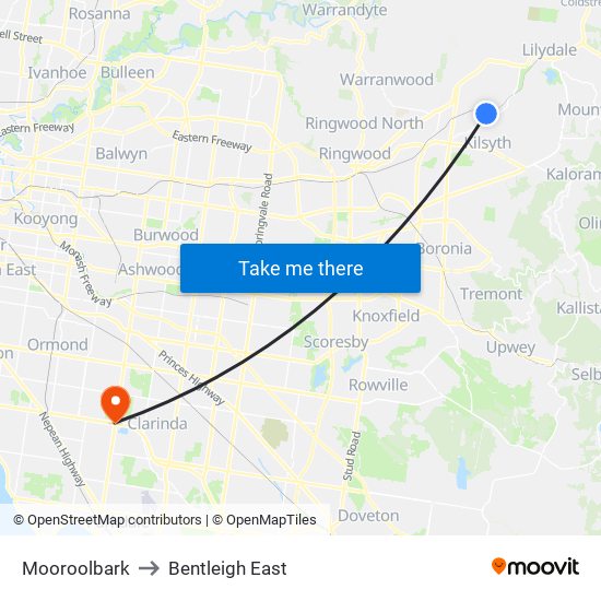 Mooroolbark to Bentleigh East map