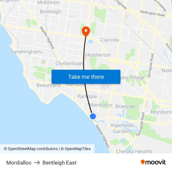 Mordialloc to Bentleigh East map