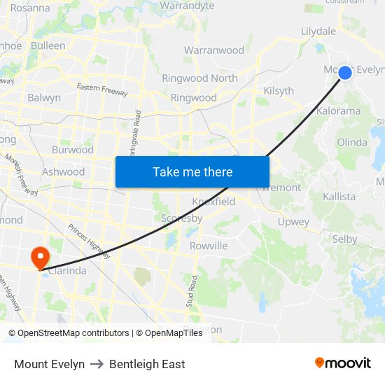 Mount Evelyn to Bentleigh East map