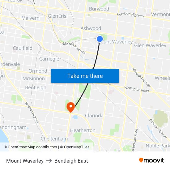 Mount Waverley to Bentleigh East map