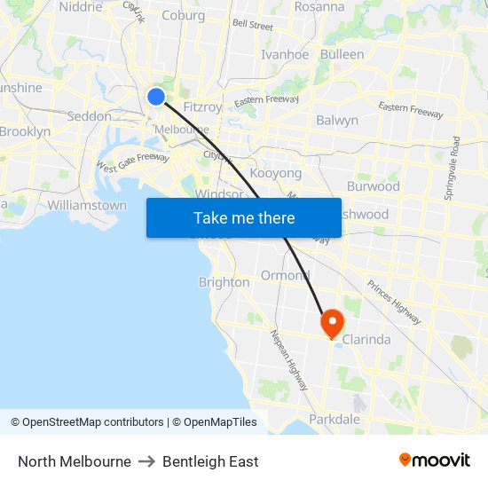 North Melbourne to Bentleigh East map