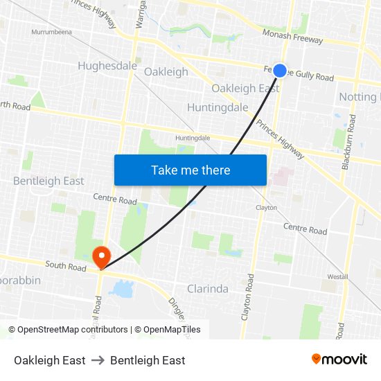 Oakleigh East to Bentleigh East map