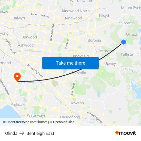 Olinda to Bentleigh East map