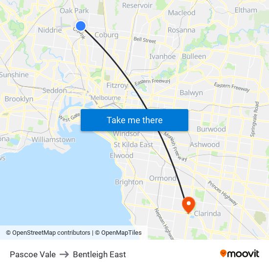 Pascoe Vale to Bentleigh East map