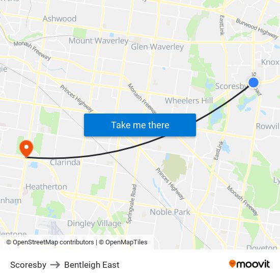 Scoresby to Bentleigh East map