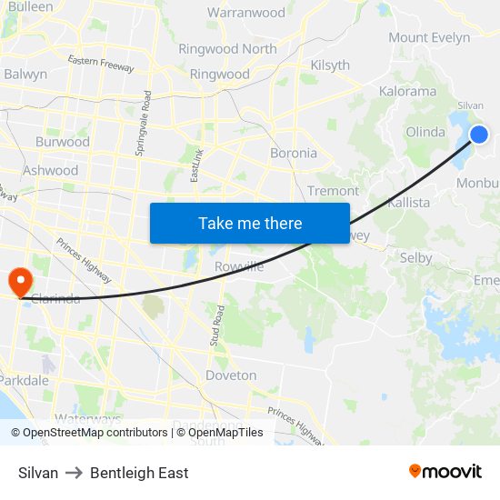 Silvan to Bentleigh East map