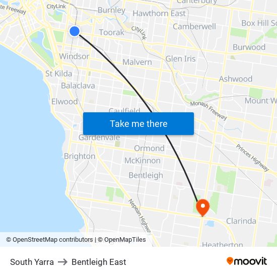 South Yarra to Bentleigh East map