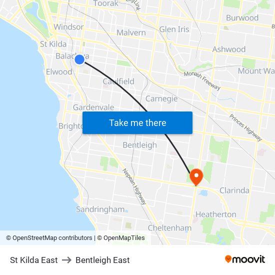 St Kilda East to Bentleigh East map