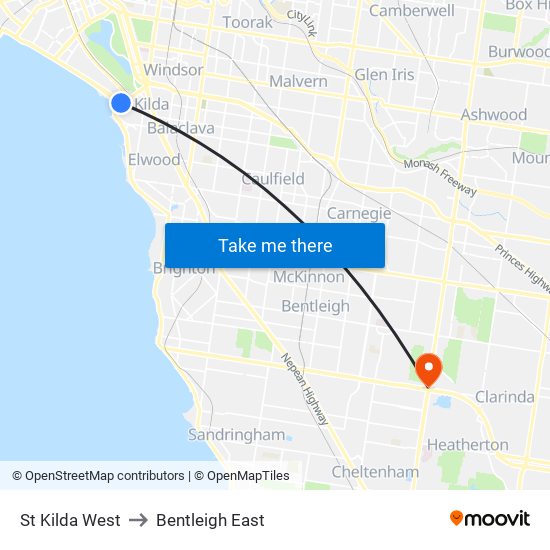 St Kilda West to Bentleigh East map