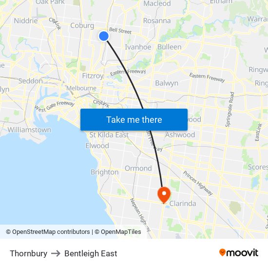 Thornbury to Bentleigh East map