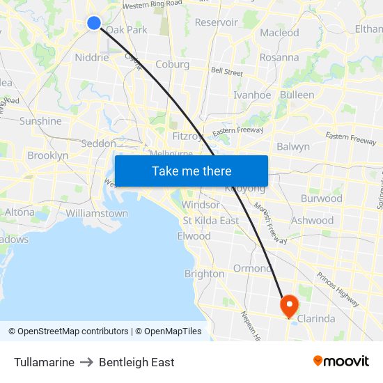 Tullamarine to Bentleigh East map