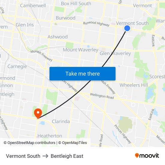 Vermont South to Bentleigh East map