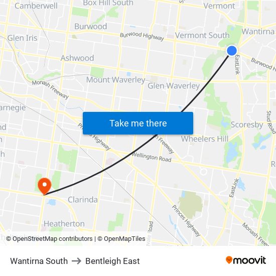 Wantirna South to Bentleigh East map