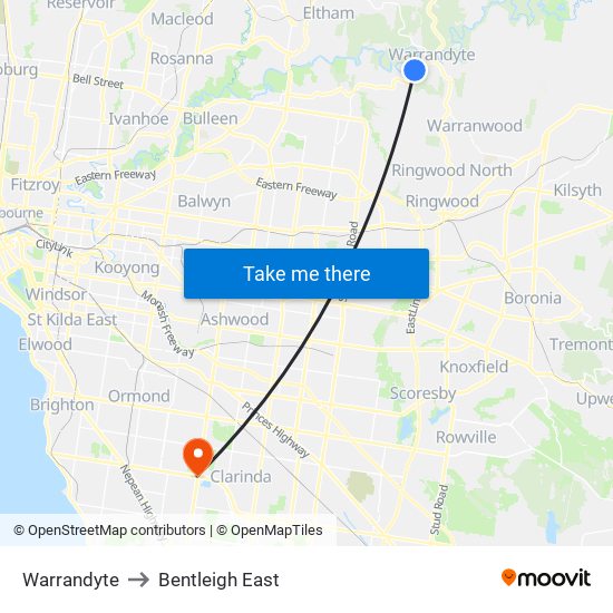 Warrandyte to Bentleigh East map