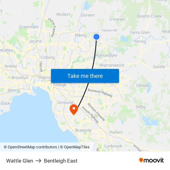 Wattle Glen to Bentleigh East map