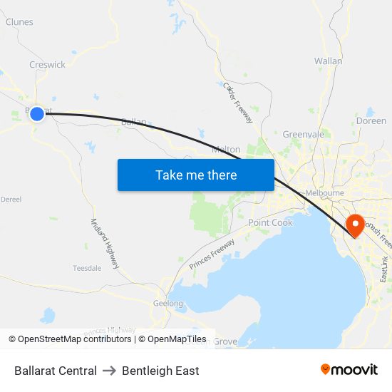 Ballarat Central to Bentleigh East map