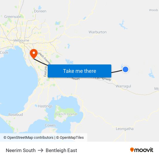 Neerim South to Bentleigh East map