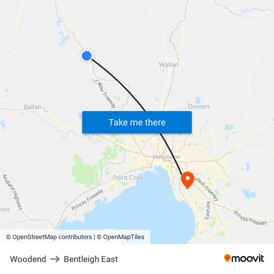 Woodend to Bentleigh East map