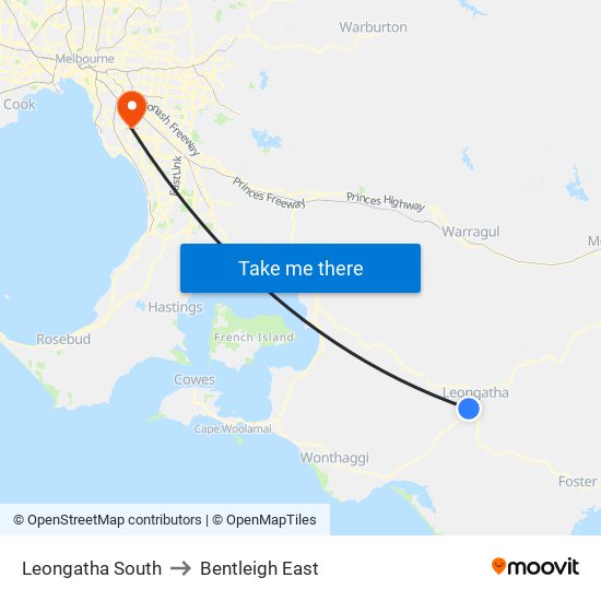 Leongatha South to Bentleigh East map