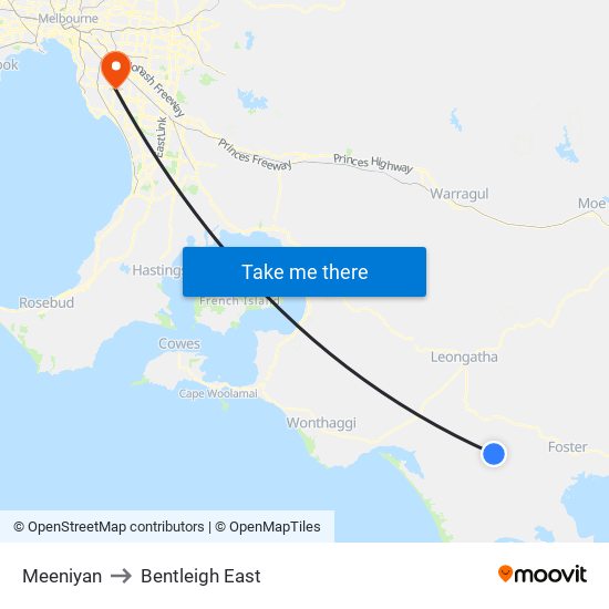 Meeniyan to Bentleigh East map