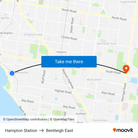 Hampton Station to Bentleigh East map