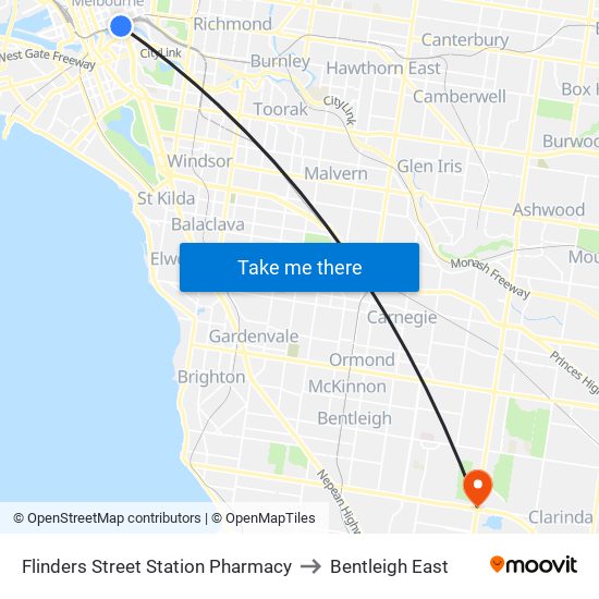 Flinders Street Station Pharmacy to Bentleigh East map