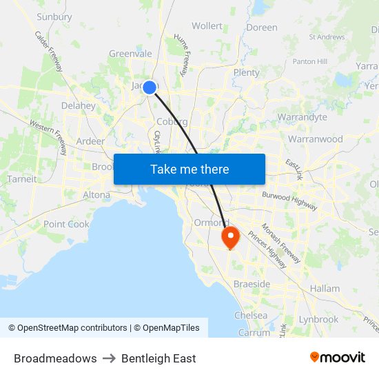 Broadmeadows to Bentleigh East map