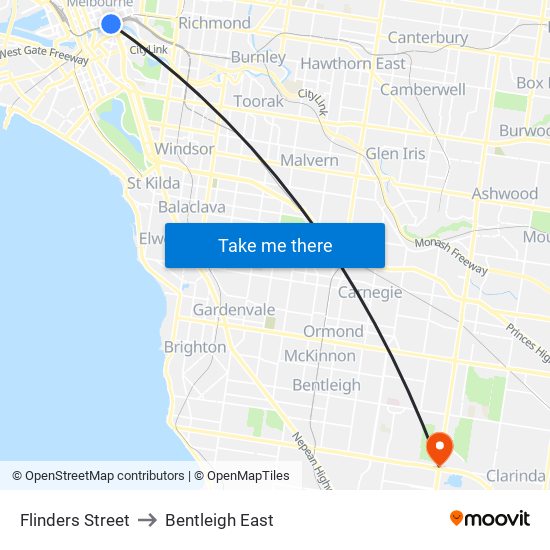 Flinders Street to Bentleigh East map